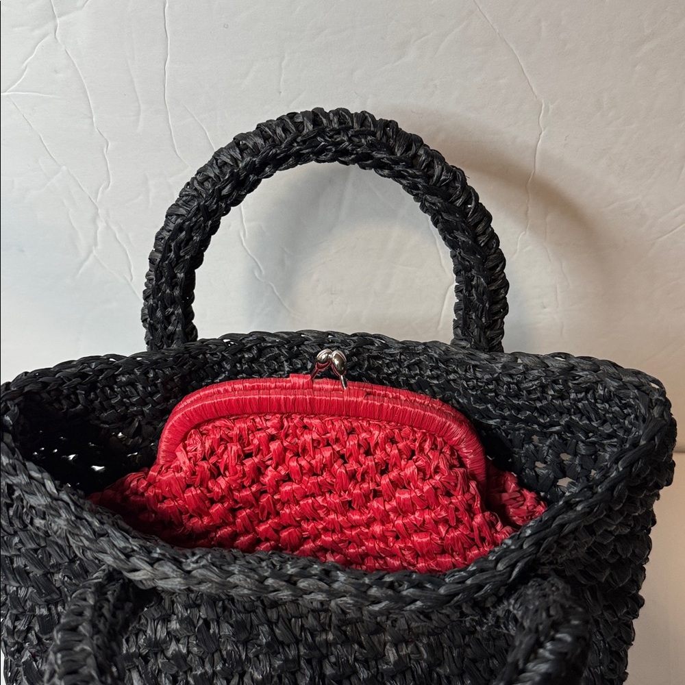 Black Woven Handbag with red kisslock inner bag
